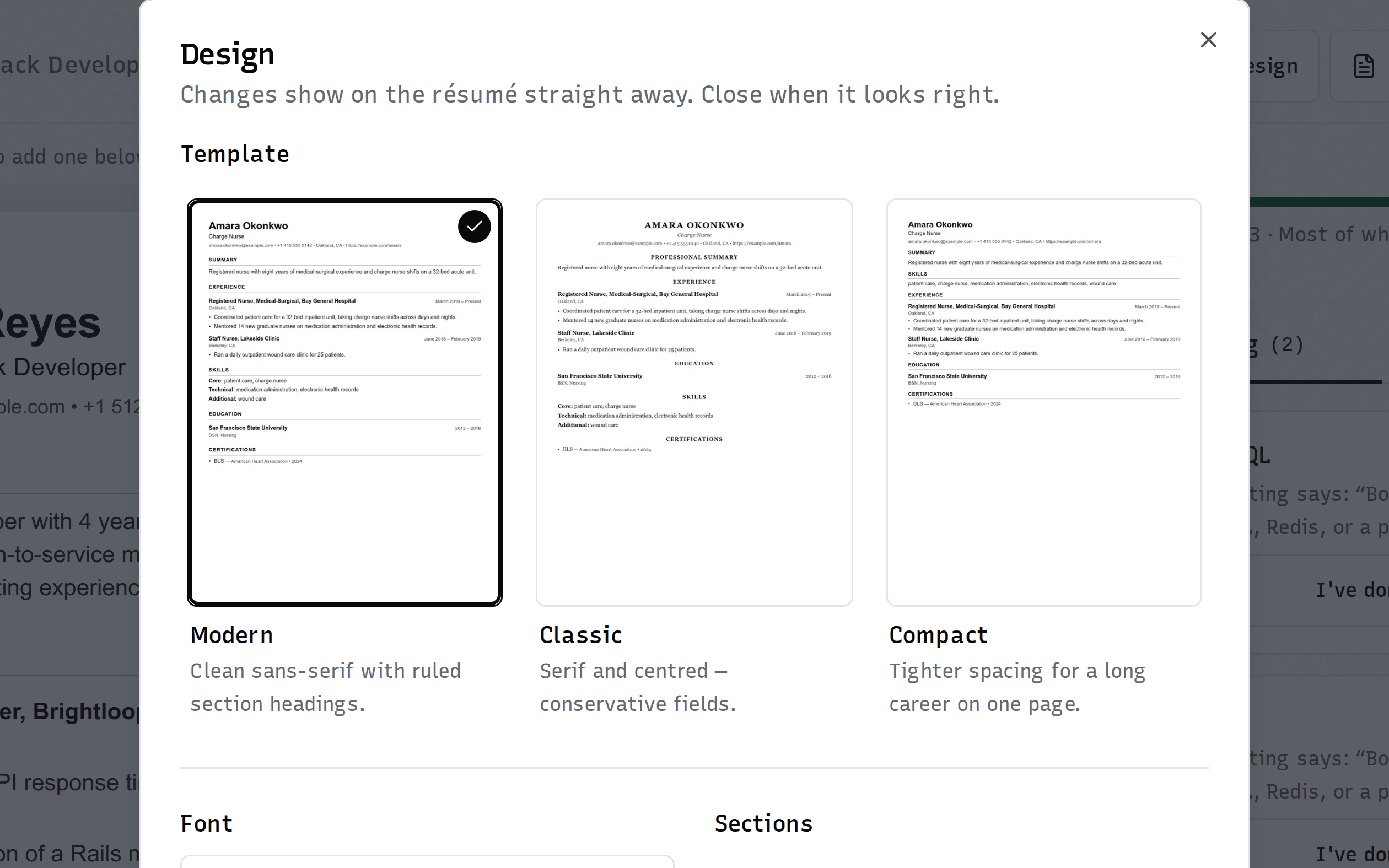 The design dialog open over the editor: three résumé templates, a font control, and toggles for each section, with the live document behind it.