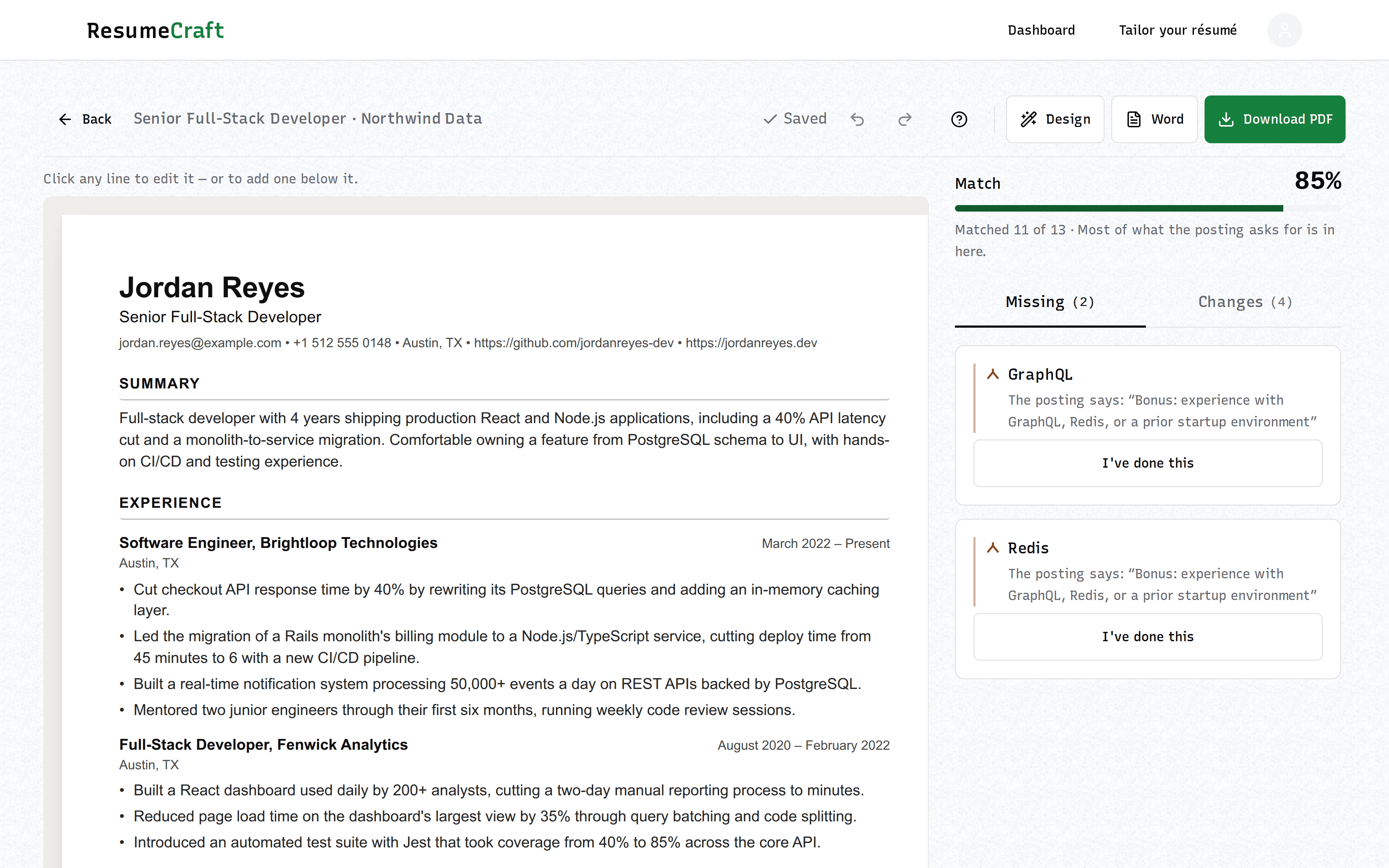The ResumeCraft editor: a tailored résumé on the left, and a match panel on the right showing 85 percent, 11 of 13 requirements matched, and two missing.