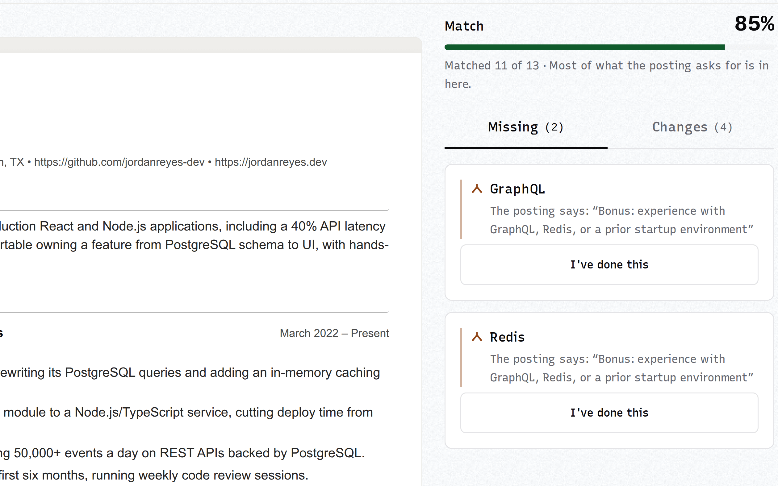 The match panel beside the document: 85 percent, matched 11 of 13, and two missing requirements quoting the posting.